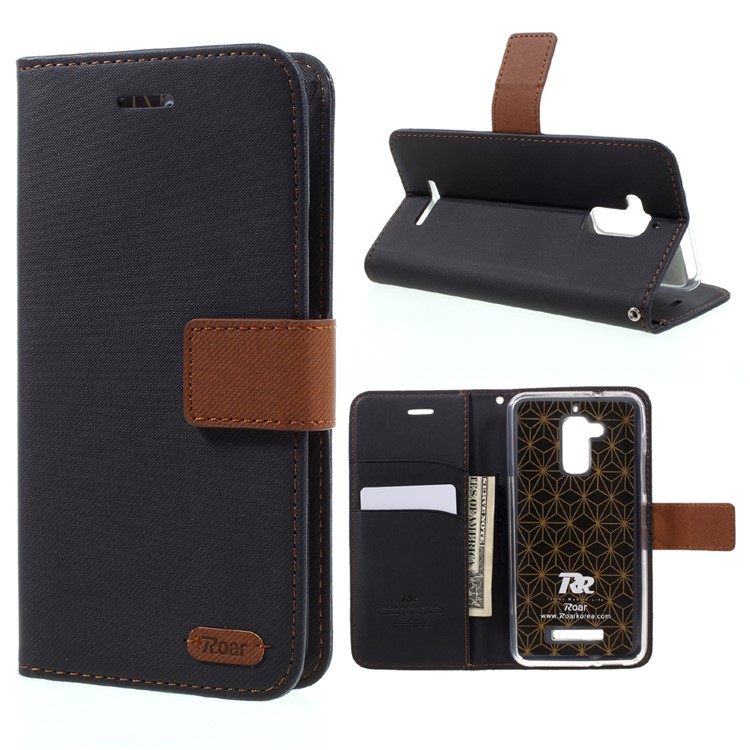 ROAR KOREA Twill Grain Leather Wallet Case for Asus Zenfone 3 Max ZC520TL - Black-1