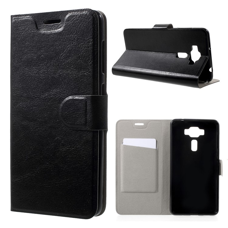 Crazy Horse Leather Stand Case for Asus Zenfone 3 Deluxe ZS550KL 5.5 inch Built-in Steel Sheet - Black-1
