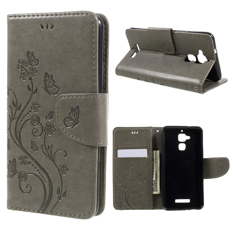 Imprinted Butterfly Flowers Leather Wallet Cover for Asus Zenfone 3 Max ZC520TL - Grey-1