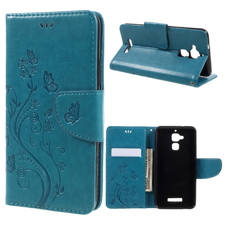 Imprinted Butterfly Flowers Wallet Leather Stand Cover for Asus Zenfone 3 Max ZC520TL - Blue-1