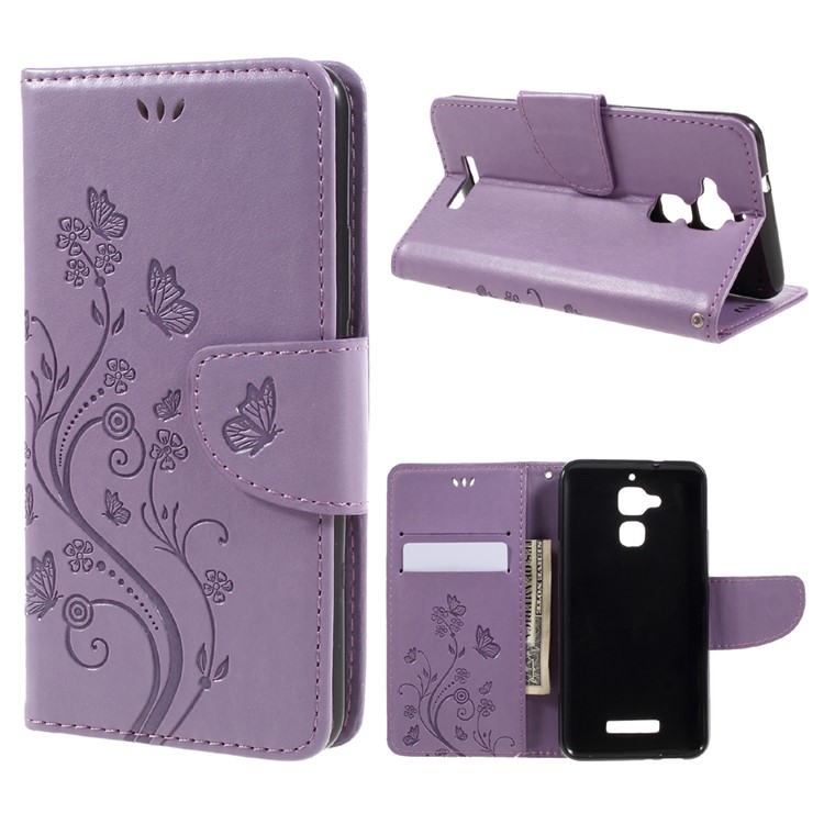 Imprinted Butterfly Flowers Leather Card Holder Case for Asus Zenfone 3 Max ZC520TL - Light Purple-1