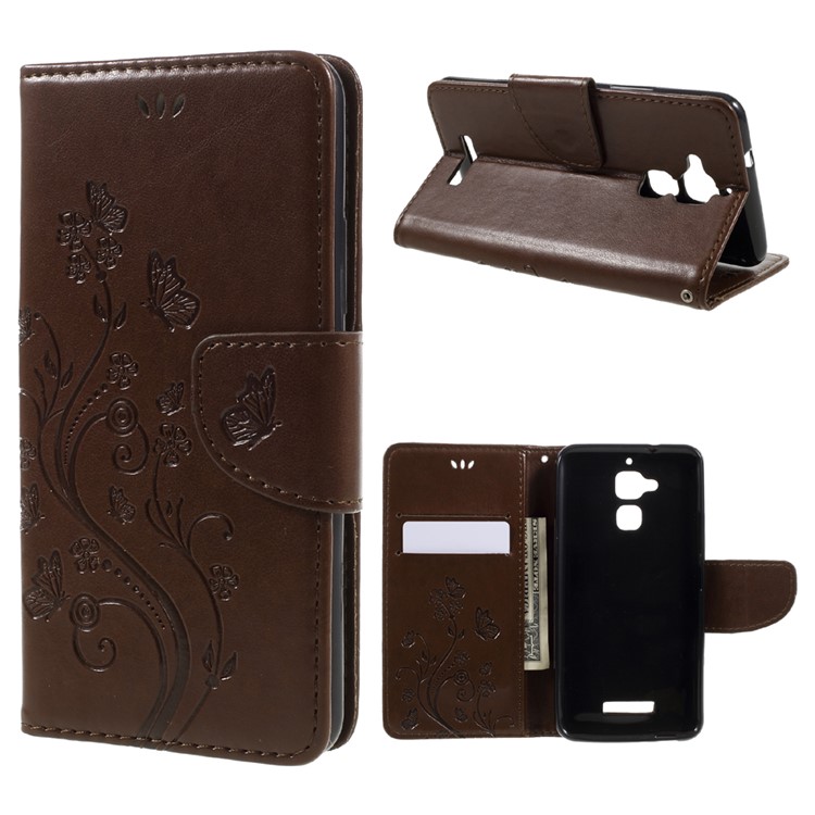 Imprinted Butterfly Flowers Leather Wallet Case with Stand for Asus Zenfone 3 Max ZC520TL - Brown-1