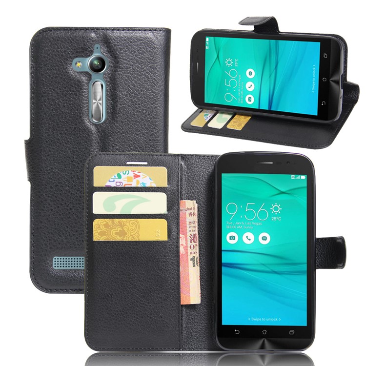 Lychee Skin Leather Wallet Case for Asus Zenfone Go ZB500KL ZB500KG - Black-1