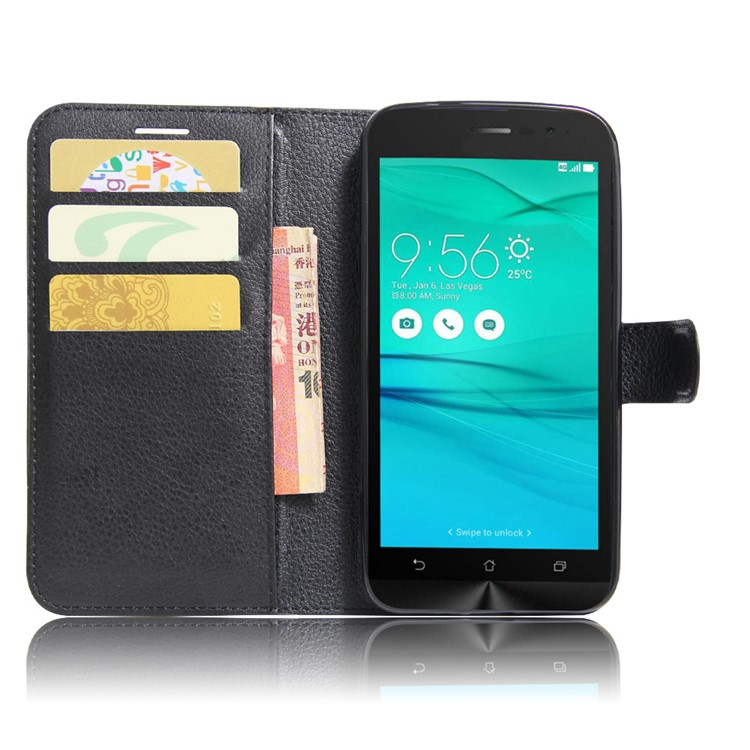 Lychee Skin Leather Wallet Case for Asus Zenfone Go ZB500KL ZB500KG - Black-2
