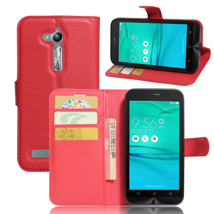 Lychee Skin Leather Wallet Case Cover for Asus Zenfone Go ZB500KL ZB500KG - Red-1
