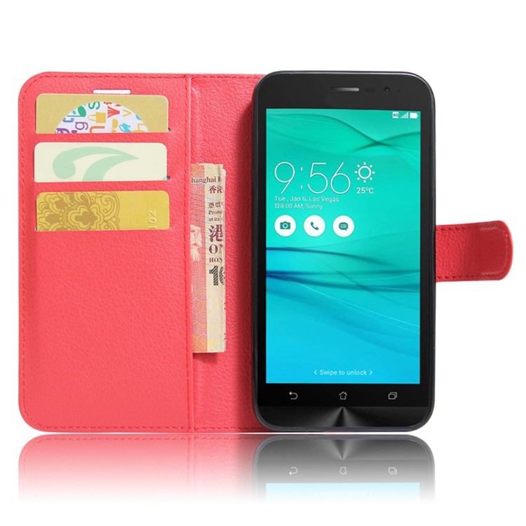 Lychee Skin Leather Wallet Case Cover for Asus Zenfone Go ZB500KL ZB500KG - Red-2