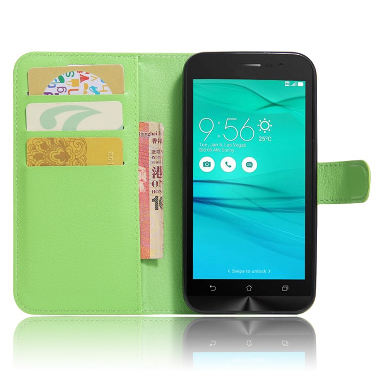 Lychee Skin Wallet Leather Stand Case for Asus Zenfone Go ZB500KL ZB500KG - Green-2