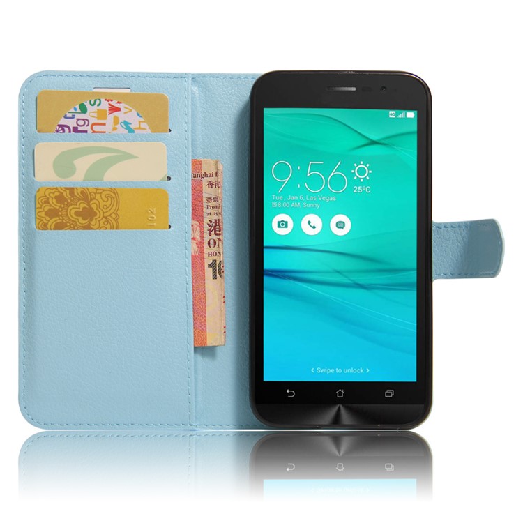 Lychee Skin Wallet Leather Stand Cover for Asus Zenfone Go ZB500KL ZB500KG - Baby Blue-2