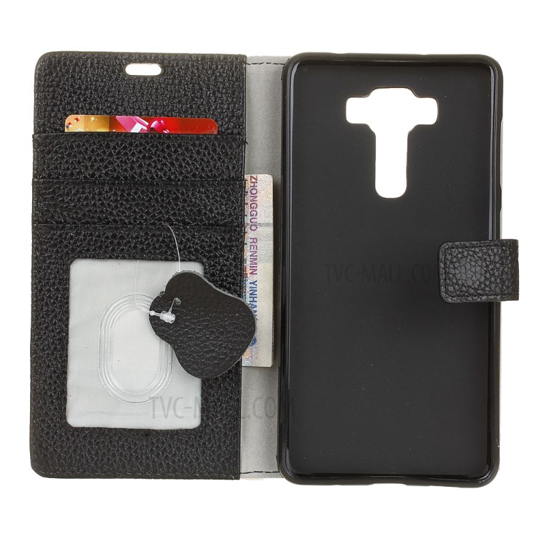 Genuine Leather Wallet Cellphone Case for Asus Zenfone 3 Deluxe 5.5 ZS550KL Litchi Texture - Black-4