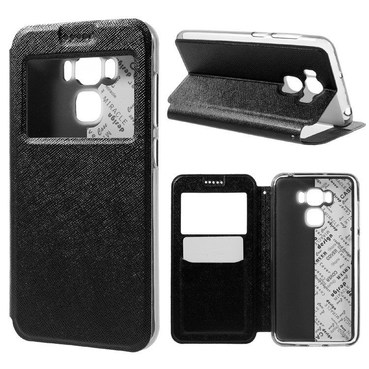 Cross Texture View Window Leather Stand Case for Asus Zenfone 3 Max ZC553KL - Black-1