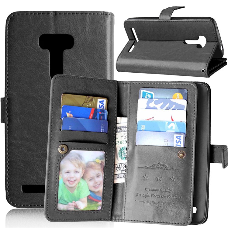 9 ID/Credit Card Slots Wallet Crazy Horse Leather Case for Asus Zenfone Selfie ZD551KL - Black-1