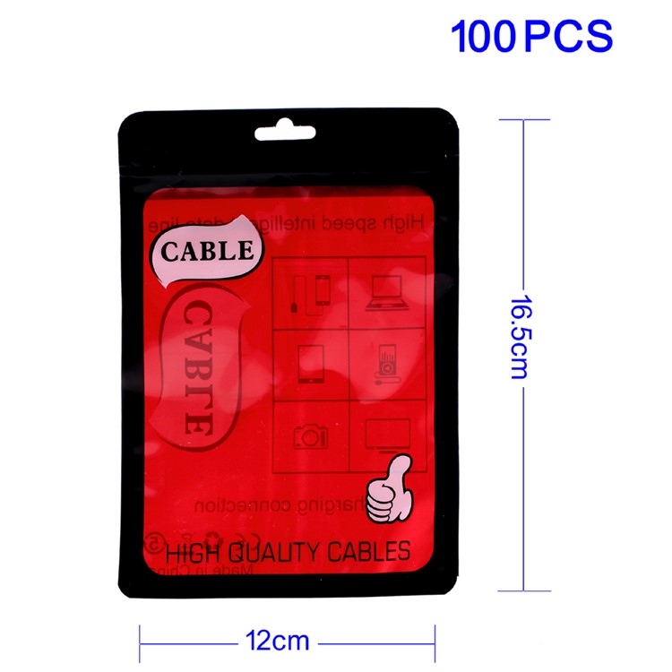 100Pcs/Lot Zipper Plastic Retail Packaging Bags for USB Data Cable, 16.5 x 12cm - Red-1