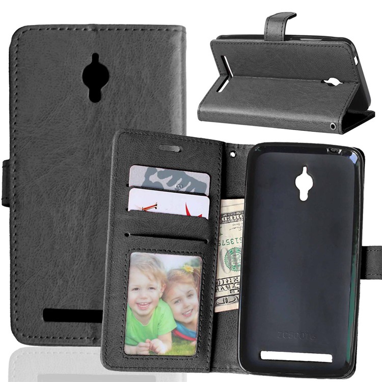 Crazy Horse Leather Wallet Case for Asus Zenfone Go ZC500TG - Black-1