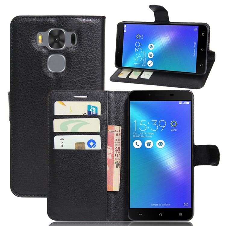 Lychee Grain Leather Case Wallet Stand for Asus Zenfone 3 Max ZC553KL - Black-1