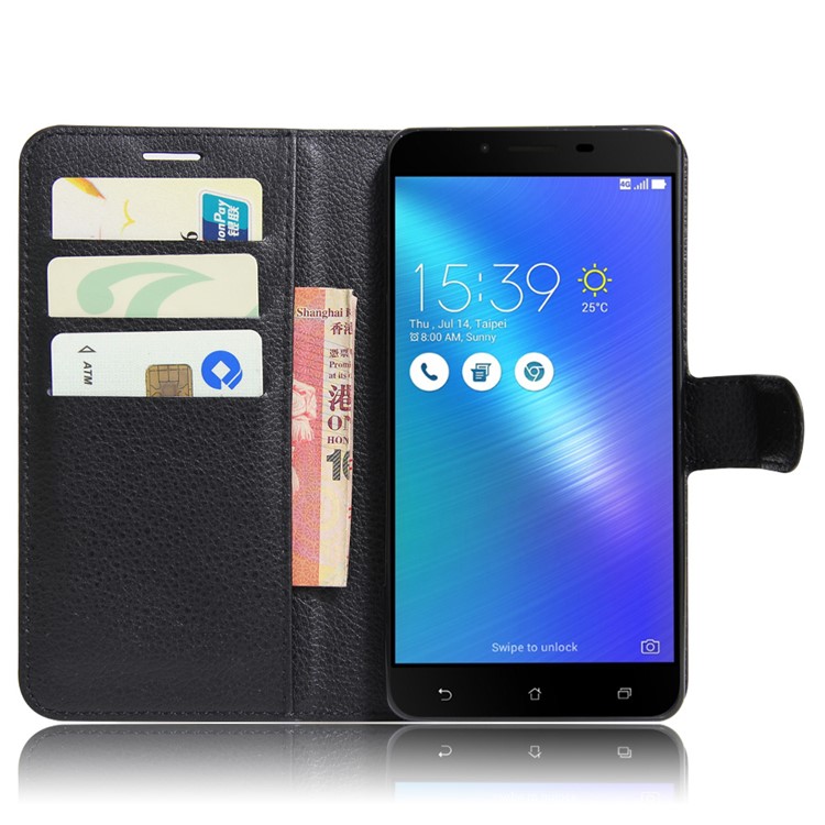 Lychee Grain Leather Case Wallet Stand for Asus Zenfone 3 Max ZC553KL - Black-2