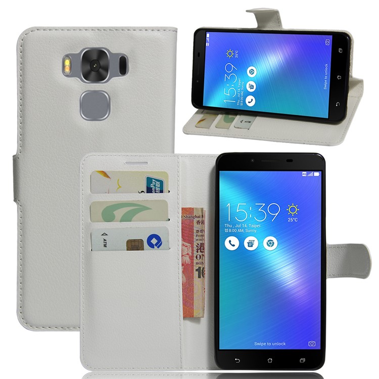 Lychee Grain Leather Wallet Stand Cover for Asus Zenfone 3 Max ZC553KL - White-1