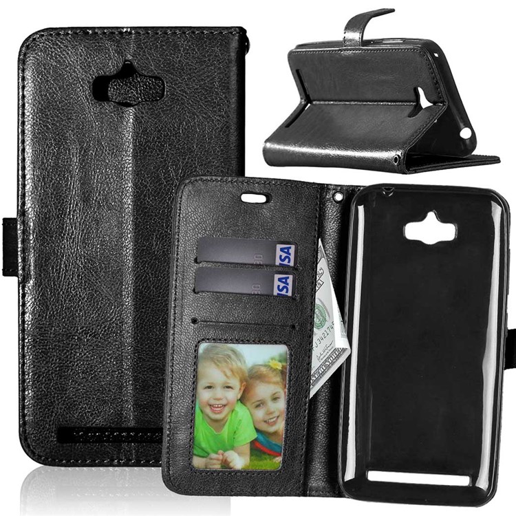 3 Card Slots Crazy Horse Wallet Leather Case Stand for Asus Zenfone Max ZC550KL - Black-1