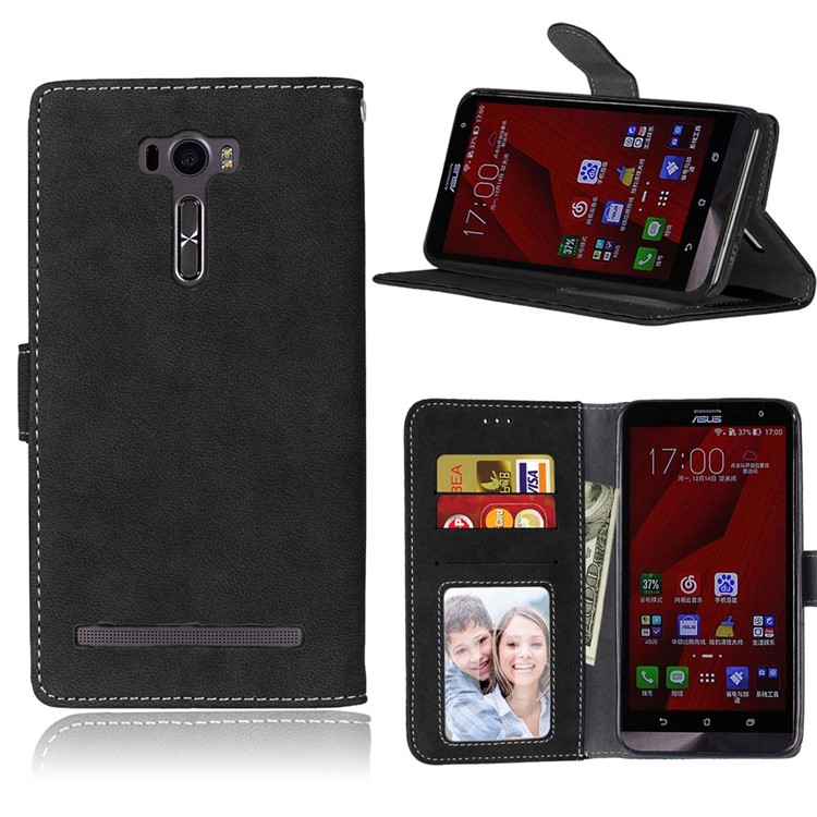 Vintage Matte PU Leather Wallet Case for Asus Zenfone 2 Laser ZE600KL ZK601KL - Black-1