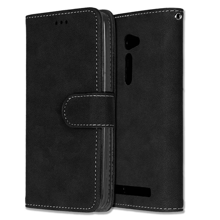 For Asus Zenfone 2 ZE500CL Wallet Stand Retro Matte PU Leather Phone Case - Black-3