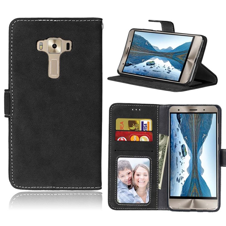 For Asus Zenfone 3 Deluxe ZS570KL Retro Matte PU Leather Wallet Case Stand - Black-1