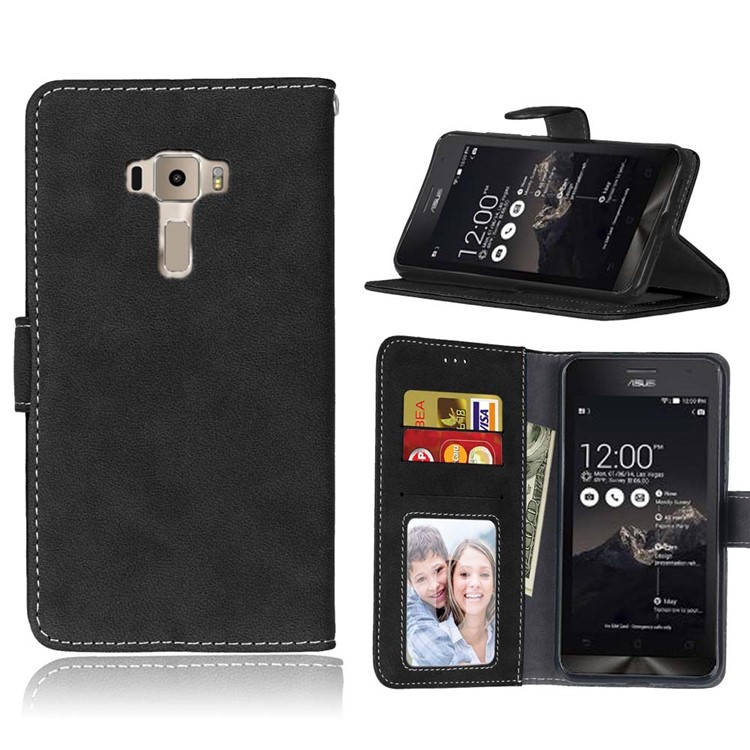 For Asus Zenfone 3 ZE552KL Retro Matte Stand Wallet Leather Case Cover - Black-1