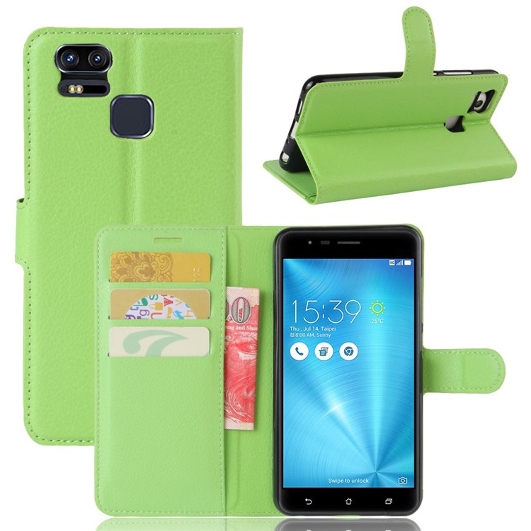 Mobile Case Litchi Grain Leather Wallet Shell for Asus Zenfone 3 Zoom ZE553KL - Green-6