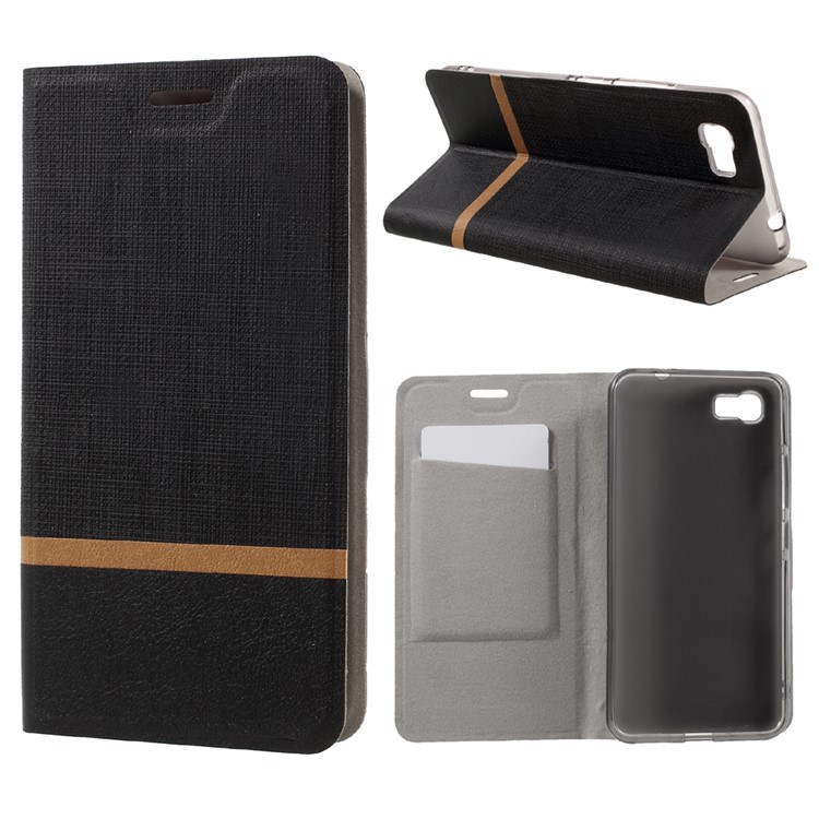 Cross Texture Bi-color Leather Stand Card Holder Phone Case for Asus Zenfone 3s Max ZC521TL - Black-1