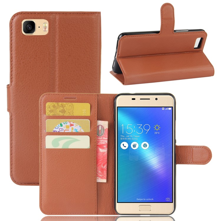 Lychee Skin Leather Wallet Case with Stand for Asus Zenfone 3s Max ZC521TL - Brown-1