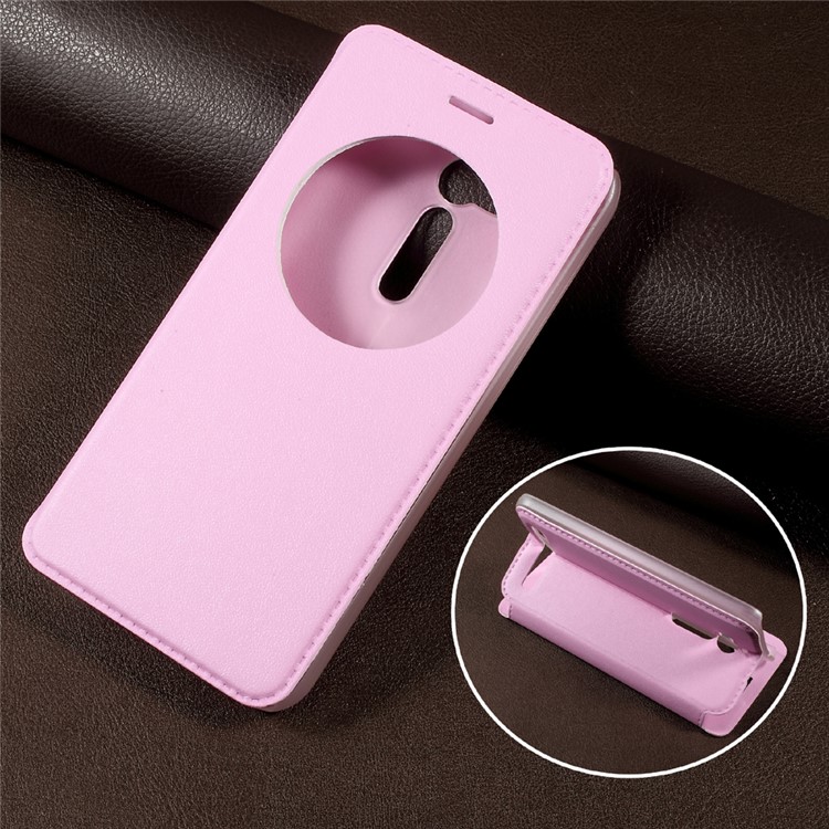 View Window Stand Leather Flip Cell Phone Case for Asus Zenfone Go ZB500KL - Pink-1