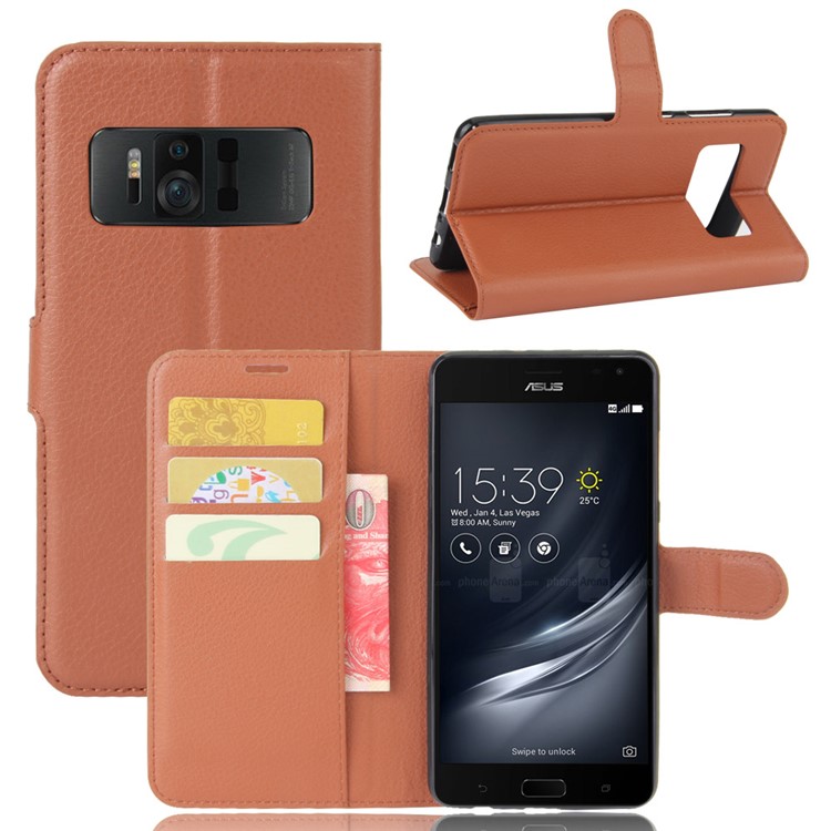 Litchi Skin Wallet Leather Case with Stand for Asus Zenfone AR ZS571KL - Brown-1