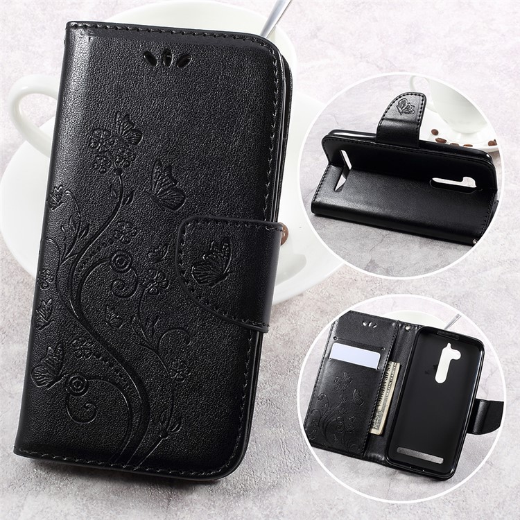 Flower Butterfly Imprinted Leather Case with Lanyard for Asus Zenfone Go ZB500KL - Black-1