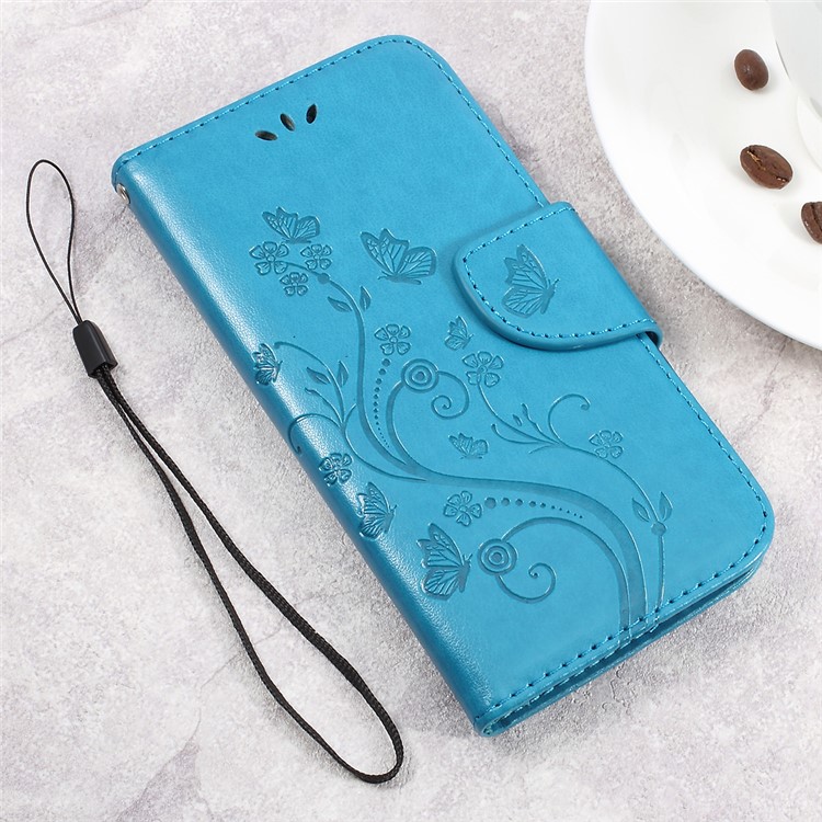 Imprinted Flower Butterfly Leather Magnetic Wallet Phone Shell for Asus Zenfone Go ZB500KL - Blue-1