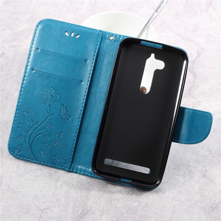 Imprinted Flower Butterfly Leather Magnetic Wallet Phone Shell for Asus Zenfone Go ZB500KL - Blue-7