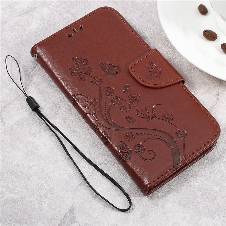 Imprinted Flower Butterfly Leather Card Slots Case with Stand for Asus Zenfone Go ZB500KL - Brown-1