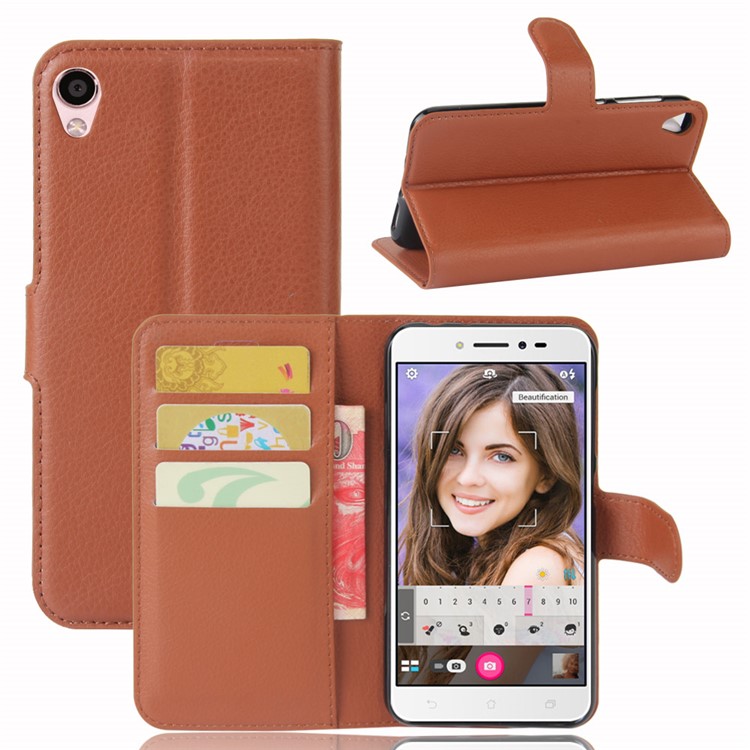 Litchi Skin Leather Wallet Case Accessory for Asus Zenfone Live ZB501KL - Brown-1