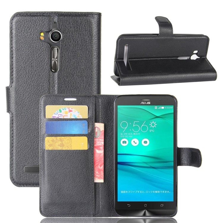 Litchi Skin Wallet Leather Stand Case for Asus Zenfone Go ZB552KL - Black-1