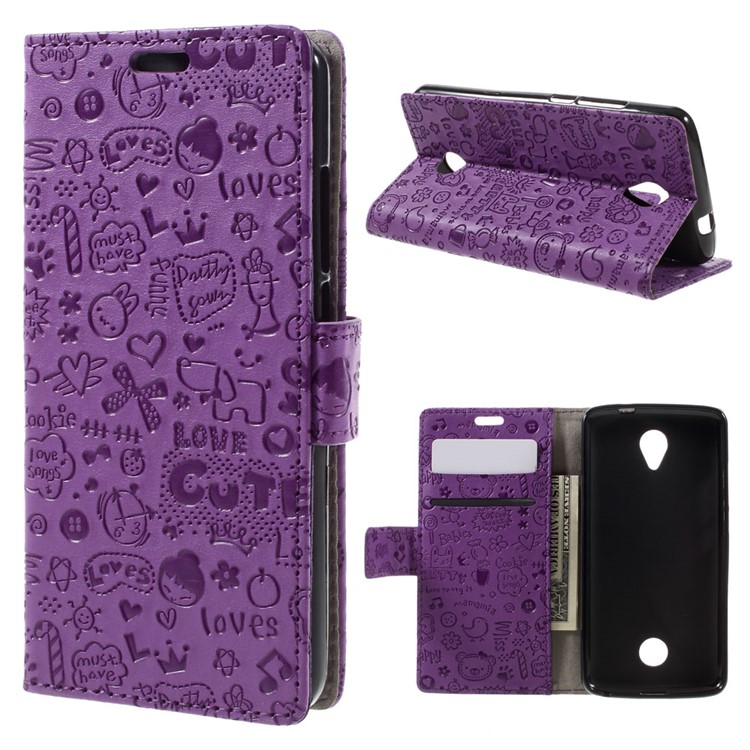 Cartoon Patterns Leather Case Card Holder for Acer Liquid Zest Z525 Z528 - Purple-1