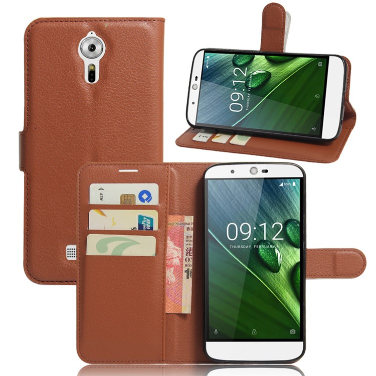 Litchi Grain Leather Wallet Stand Phone Shell for Acer Liquid Zest Plus - Brown-1