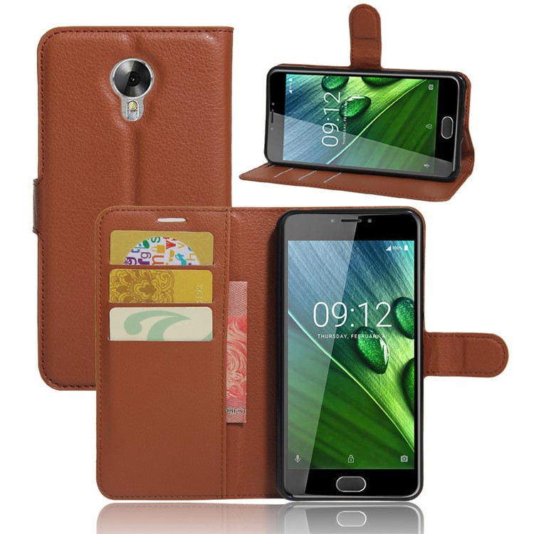 Lychee Skin Leather Stand Cover with Card Slots for Acer Liquid Z6 Plus - Brown-1