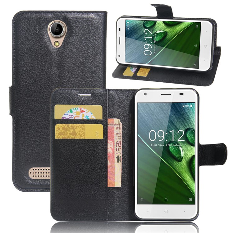 Lychee Skin Wallet Leather Stand Case for Acer Liquid Z6 - Black-1