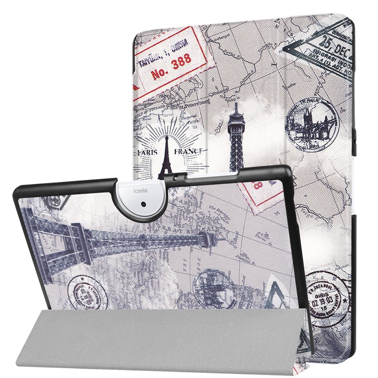 PU Leather Tri-fold Flip Stand Patterned Cover for Acer Iconia One 10 B3-A40 - Eiffel Tower and Map-1