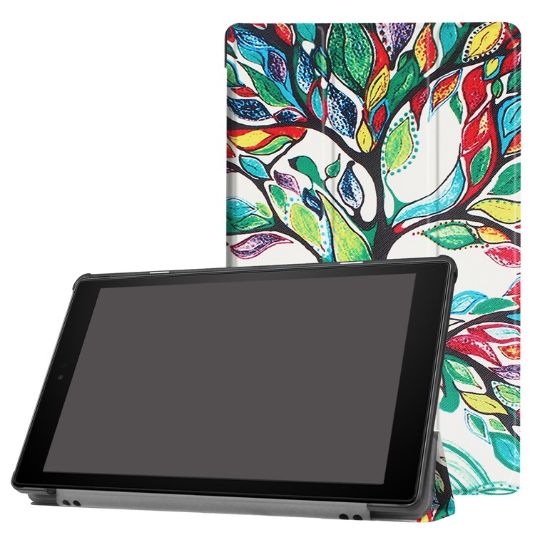 Pattern Printing Leather Tri-fold Stand Tablet Cover for Amazon Fire HD 10 (2017) - Colored Tree Painting-1