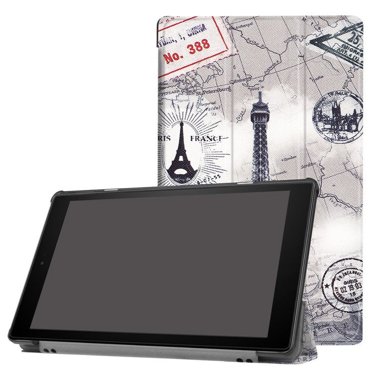 For Amazon Fire HD 10 (2017) Pattern Printing Leather Tri-fold Stand Case Cover - Eiffel Tower-1
