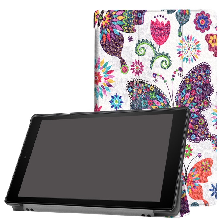 For Amazon Fire HD 10 (2017) Pattern Printing Leather Tri-fold Stand Cover Case - Butterflies and Flowers-1