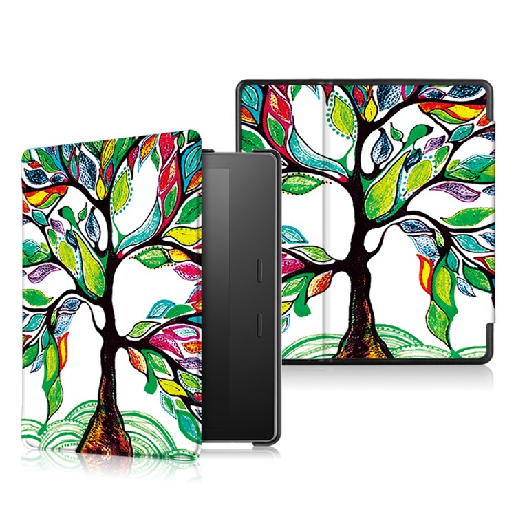 Patterned Leather Flip Smart Cover for All-New Amazon Kindle Oasis (2017) - Colored Tree Painting-1