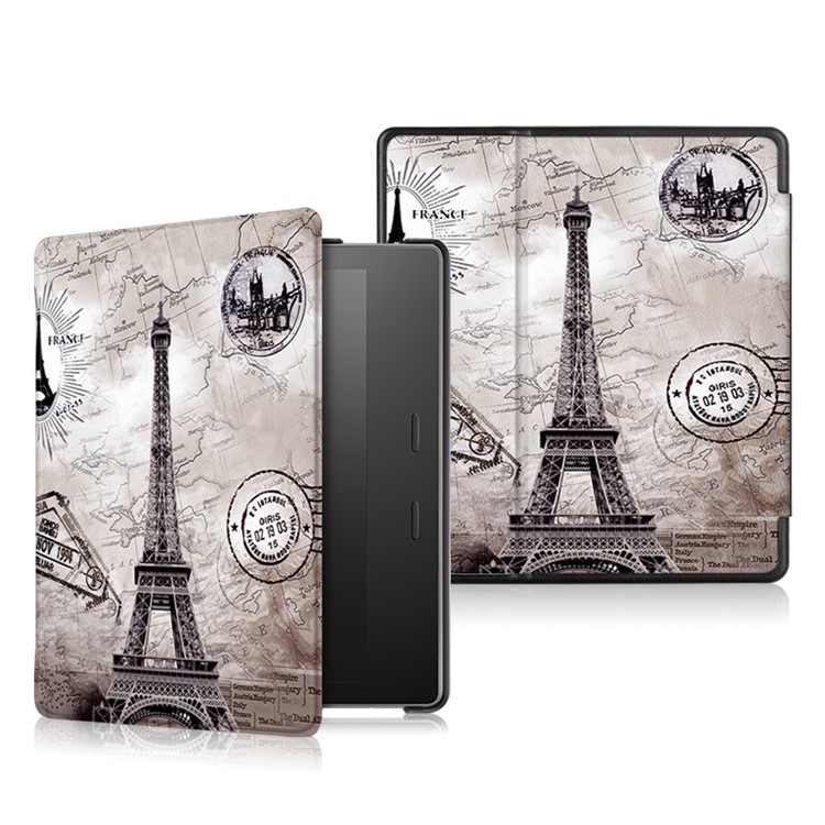 Patterned Leather Smart Protection Cover for Amazon Kindle Oasis (2017) - Eiffel Tower and Map-1