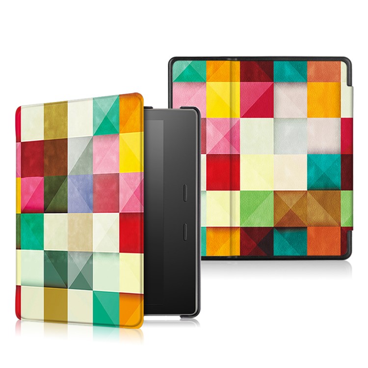 Patterned Leather Smart Case Protector for Amazon Kindle Oasis (2017) - Colorful Triangles Grids-1