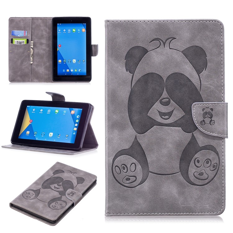 Imprint Panda Wallet Leather Stand Tablet Cover for Amazon All-New Fire 7 (2017) / Fire 7 (2015) - Grey-1