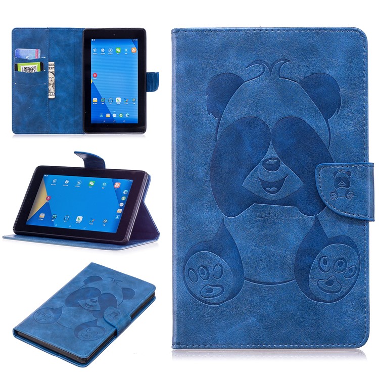 For Amazon All-New Fire 7 (2017) / Fire 7 (2015) Imprint Panda PU Leather Wallet Stand Casing - Blue-1
