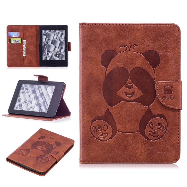 For Amazon Kindle Paperwhite 1 2 3 Imprint Panda Wallet Leather Stand Protective Case Cover - Brown-1